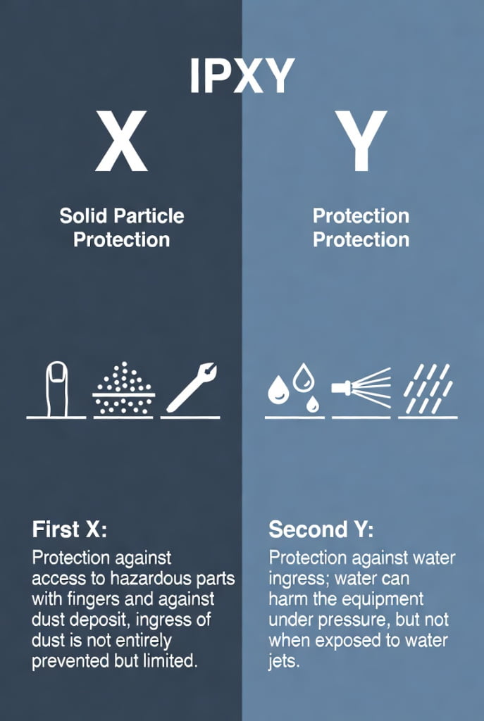 IPXY protection rating system guide showing X digit for solid particle protection and Y digit for water ingress protection levels