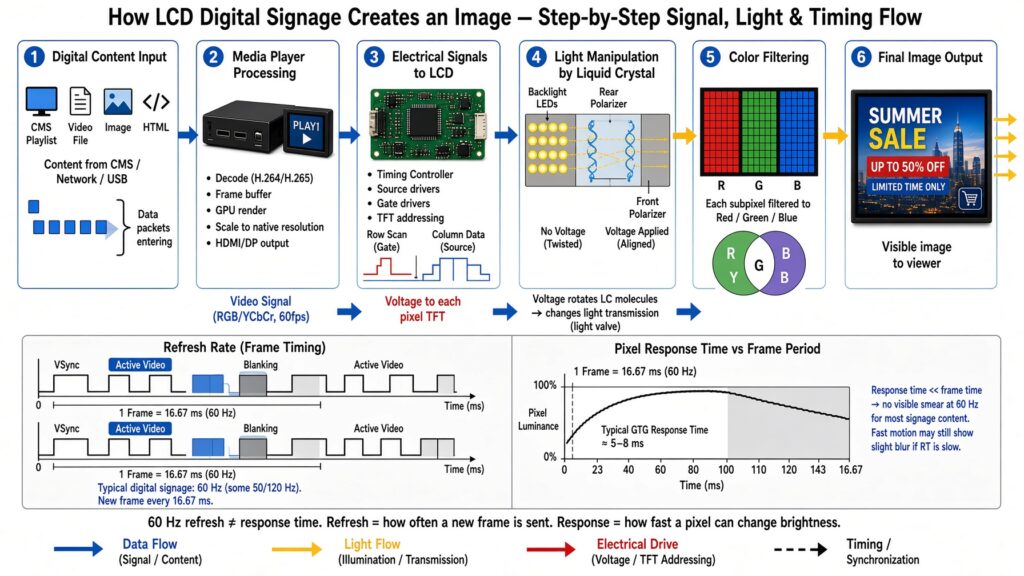 Technical diagram explaining how LCD digital signage creates images through 6-step process from content input to final display output with liquid crystal light manipulation