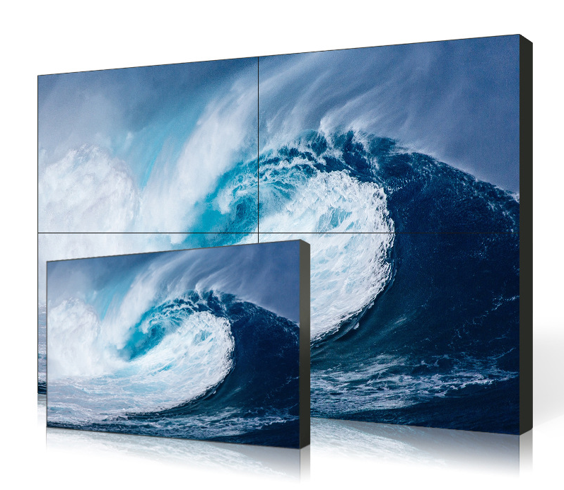 LCD video wall display with ultra-narrow bezel showing seamless 2x2 screen array with wave imagery