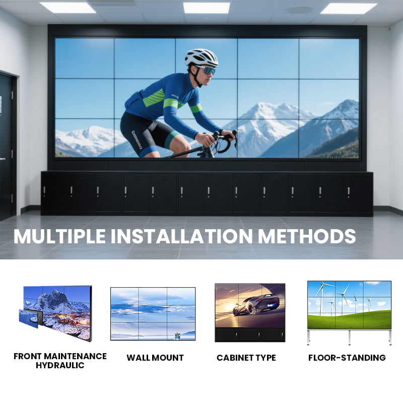 LCD video wall installation methods showing front maintenance hydraulic, wall mount, cabinet type and floor-standing options in sports facility
