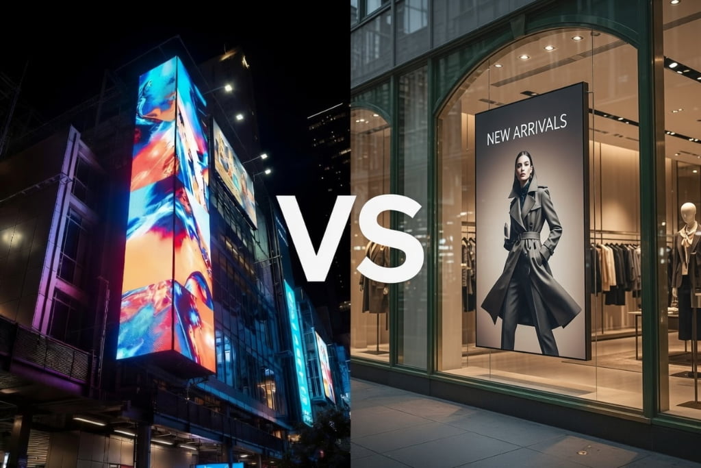 LED screen vs LCD display comparison for outdoor digital signage showing brightness and application differences