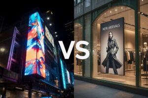 LED screen vs LCD display comparison for outdoor digital signage showing brightness and application differences