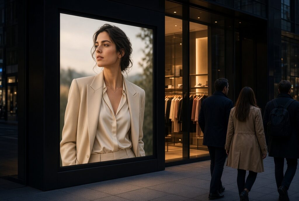 High-brightness window display showing vibrant fashion video content attracting pedestrians outside upscale boutique at evening
