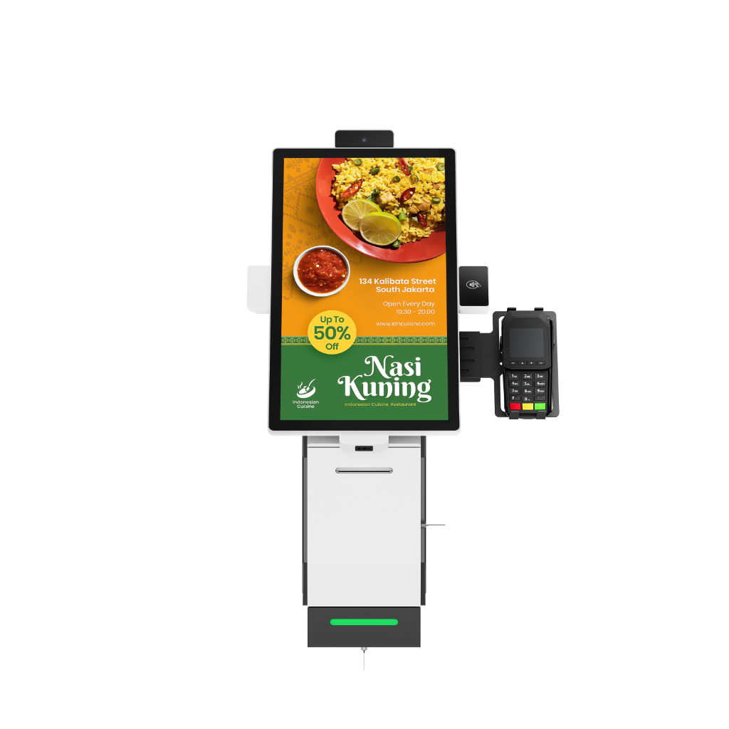Modular self-service ordering kiosk with detachable QR scanner, thermal printer, and camera modules showing restaurant menu display