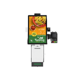 Modular self-service ordering kiosk with detachable QR scanner, thermal printer, and camera modules showing restaurant menu display