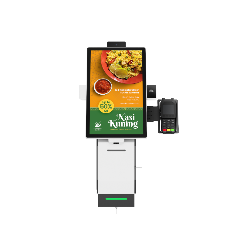 Modular self-service ordering kiosk with detachable QR scanner, thermal printer, and camera modules showing restaurant menu display