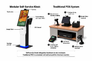 Modular self-service kiosk and traditional POS system with labeled touchscreen, payment hardware, receipt printers and scanners.
