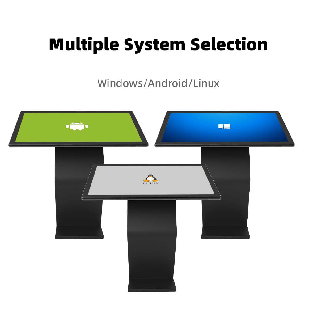 Three touchscreen kiosks showing multiple operating system options - Windows, Android, and Linux for digital signage solutions