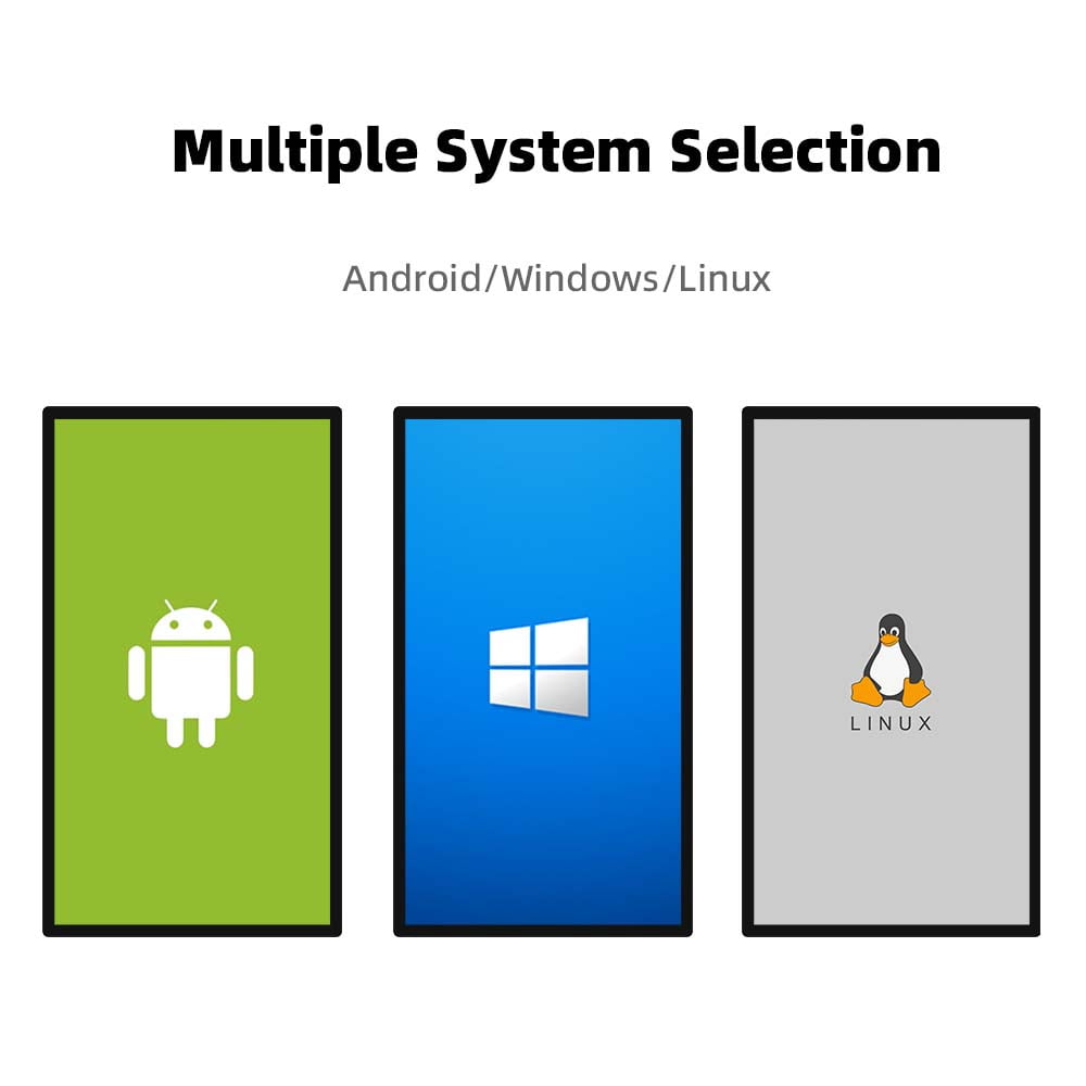 Multiple operating system options for digital signage - Android, Windows, and Linux compatibility displayed on three screens