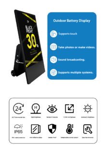 Outdoor battery powered digital signage with touchscreen, photo/video capability, sound broadcasting, IP65 waterproof, high brightness display for 24/7 commercial use