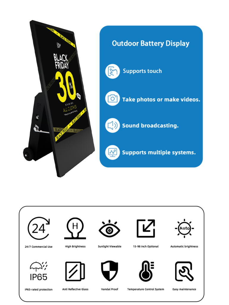Outdoor battery powered digital signage with touchscreen, photo/video capability, sound broadcasting, IP65 waterproof, high brightness display for 24/7 commercial use