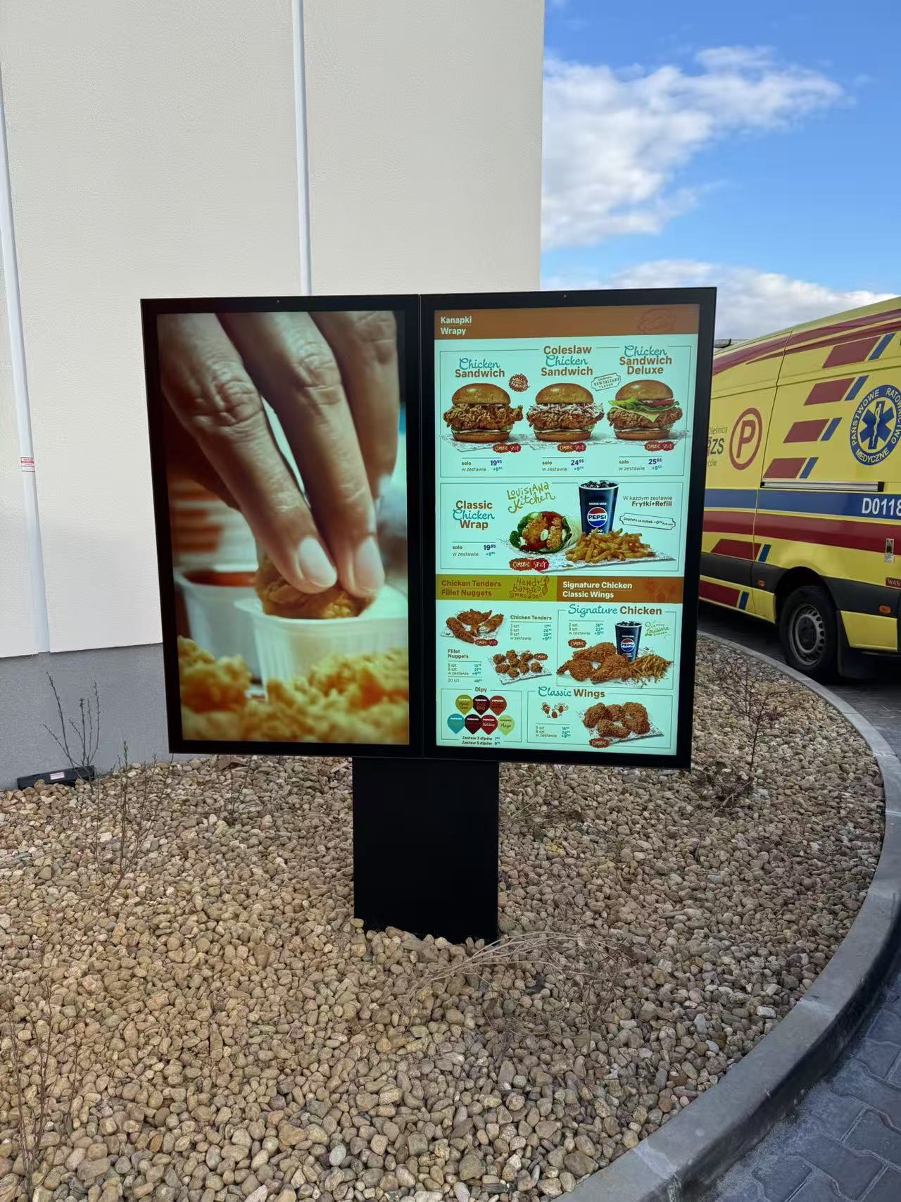 Outdoor dual screen digital menu board for drive-thru fast food restaurant with high brightness sunlight readable display