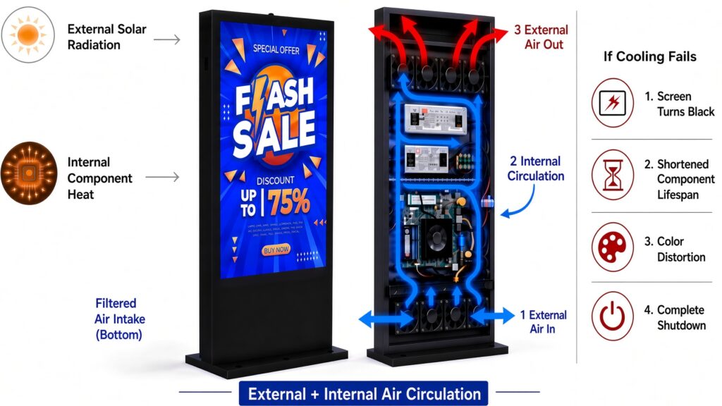 Outdoor digital signage cooling system diagram showing external and internal air circulation with filtered intake to prevent overheating, screen failure, and component damage