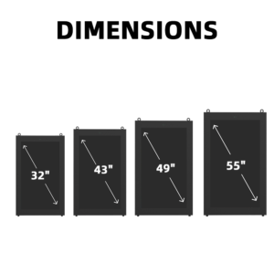 Outdoor digital signage display dimensions showing multiple screen size options: 32 inch, 43 inch, 49 inch, and 55 inch portrait orientation displays