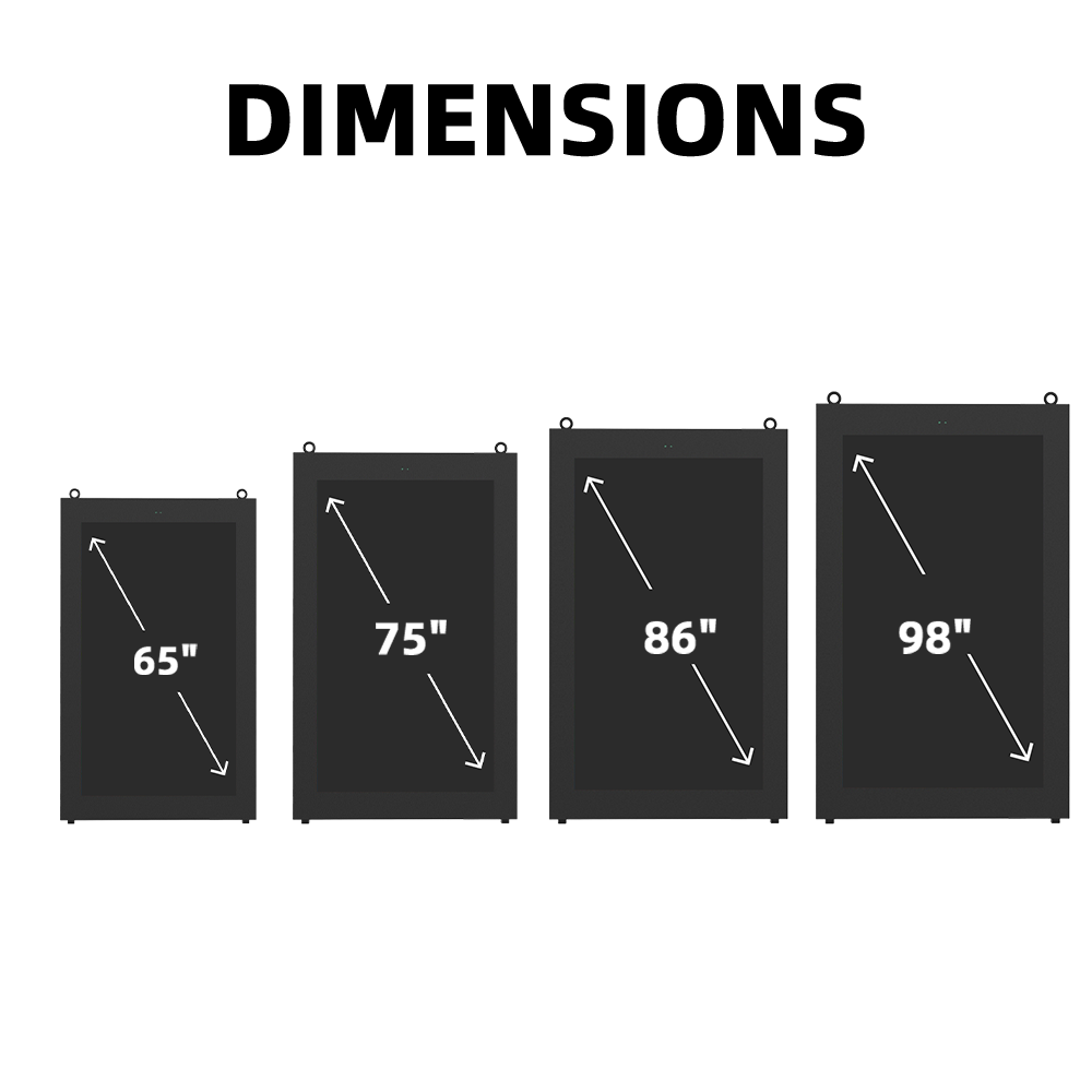 Outdoor digital signage display dimensions showing multiple screen size options: 65 inch, 75 inch, 86 inch, and 98 inch portrait orientation displays