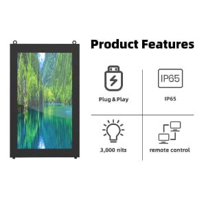Outdoor digital signage display with product features including IP65 waterproof rating, 3000 nits high brightness, plug and play installation, and remote control capability
