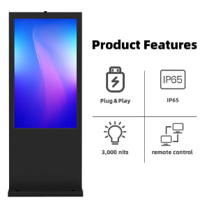 Outdoor digital signage product features including IP65 waterproof rating, 3000 nits high brightness, plug and play installation, and remote control capability