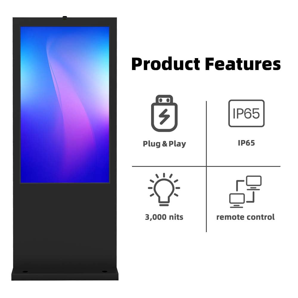 Outdoor digital signage product features including IP65 waterproof rating, 3000 nits high brightness, plug and play installation, and remote control capability