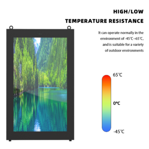 Outdoor wall-mounted digital signage display with extreme temperature resistance from -45°C to 65°C showing nature landscape content