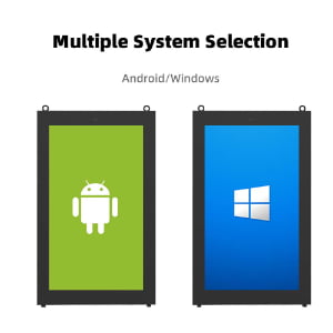 Outdoor digital signage displays with multiple operating system options showing Android and Windows system compatibility for flexible content management