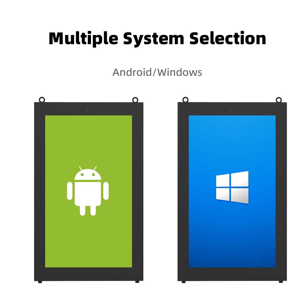 Outdoor digital signage displays with multiple operating system options showing Android and Windows system compatibility for flexible content management