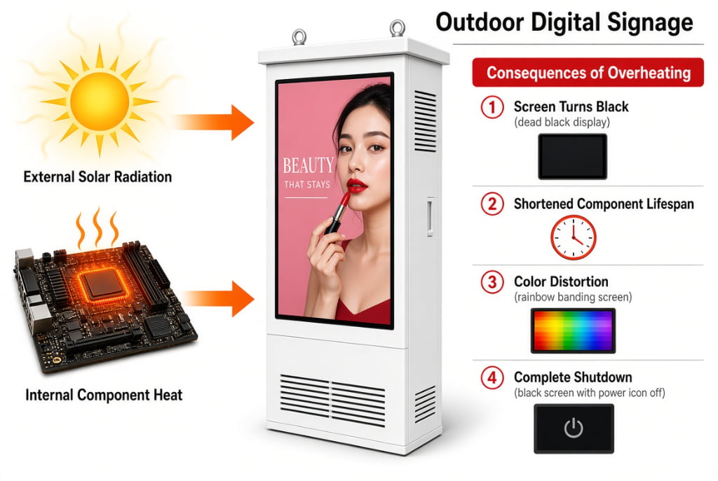Outdoor digital signage overheating diagram showing solar radiation and internal heat causing four failures: black screen, shortened lifespan, color distortion, and complete shutdown