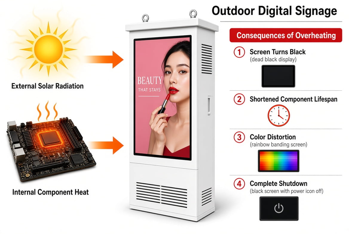 Outdoor digital signage overheating diagram showing solar radiation and internal heat causing four failures: black screen, shortened lifespan, color distortion, and complete shutdown