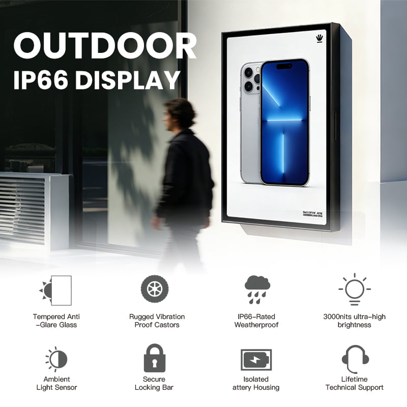 Outdoor IP66 waterproof digital display with 3000 nits ultra-high brightness, tempered anti-glare glass, and vibration-proof design for all-weather outdoor advertising