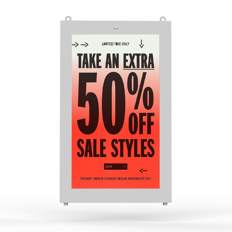 Outdoor wall-mounted digital signage display showing 50% off sale promotion with weatherproof enclosure and mounting brackets