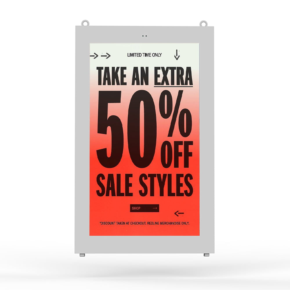 Outdoor wall-mounted digital signage display showing 50% off sale promotion with weatherproof enclosure and mounting brackets