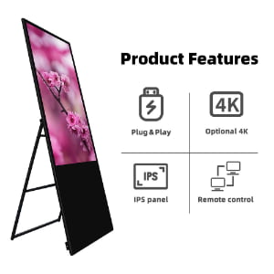 Portable digital poster stand with 4K IPS display featuring plug and play setup and remote control management