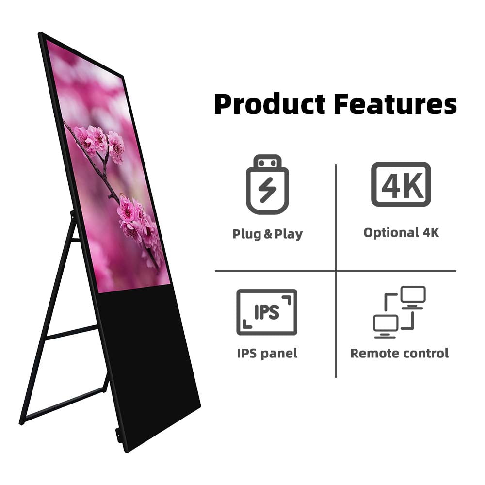 Portable digital poster stand with 4K IPS display featuring plug and play setup and remote control management