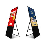 Portable indoor digital poster stands with A-frame design showing promotional content for retail advertising