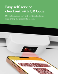 Self-service kiosk QR code scanner enabling contactless payment and easy checkout with smartphone scanning