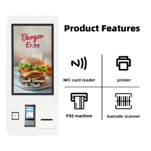 Self-ordering kiosk product features including NFC card reader, thermal printer, POS machine, and barcode scanner with touchscreen menu display