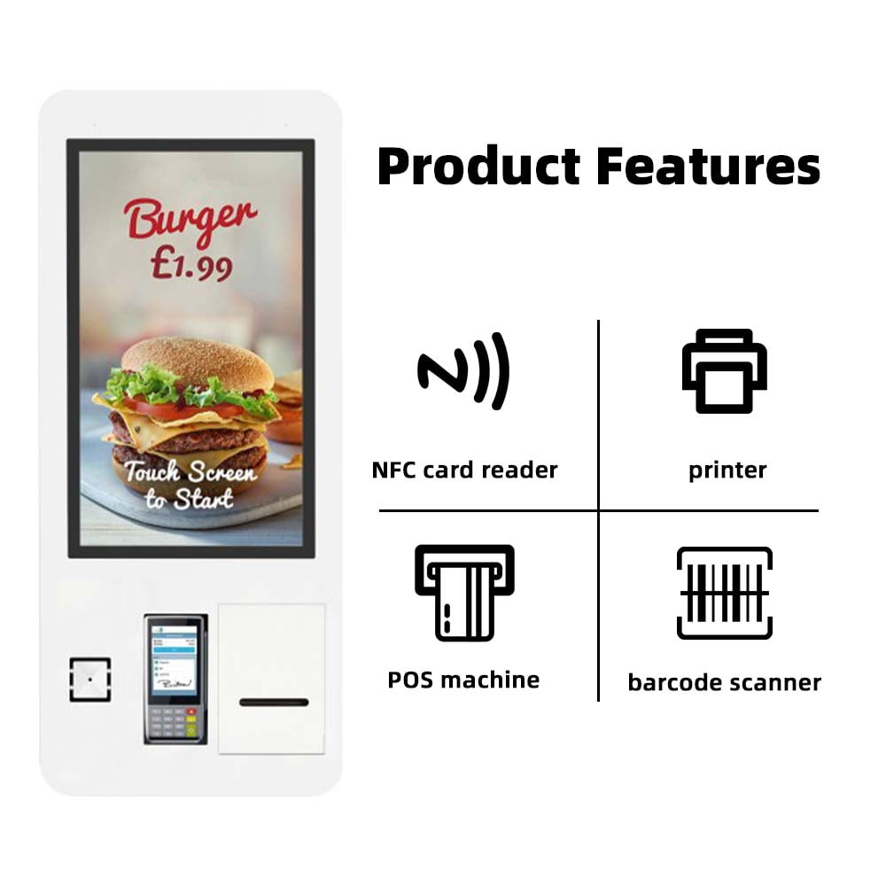 Self-ordering kiosk product features including NFC card reader, thermal printer, POS machine, and barcode scanner with touchscreen menu display