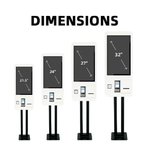 Self-service kiosk available dimensions showing 21.5, 24, 27, and 32 inch touchscreen display size options
