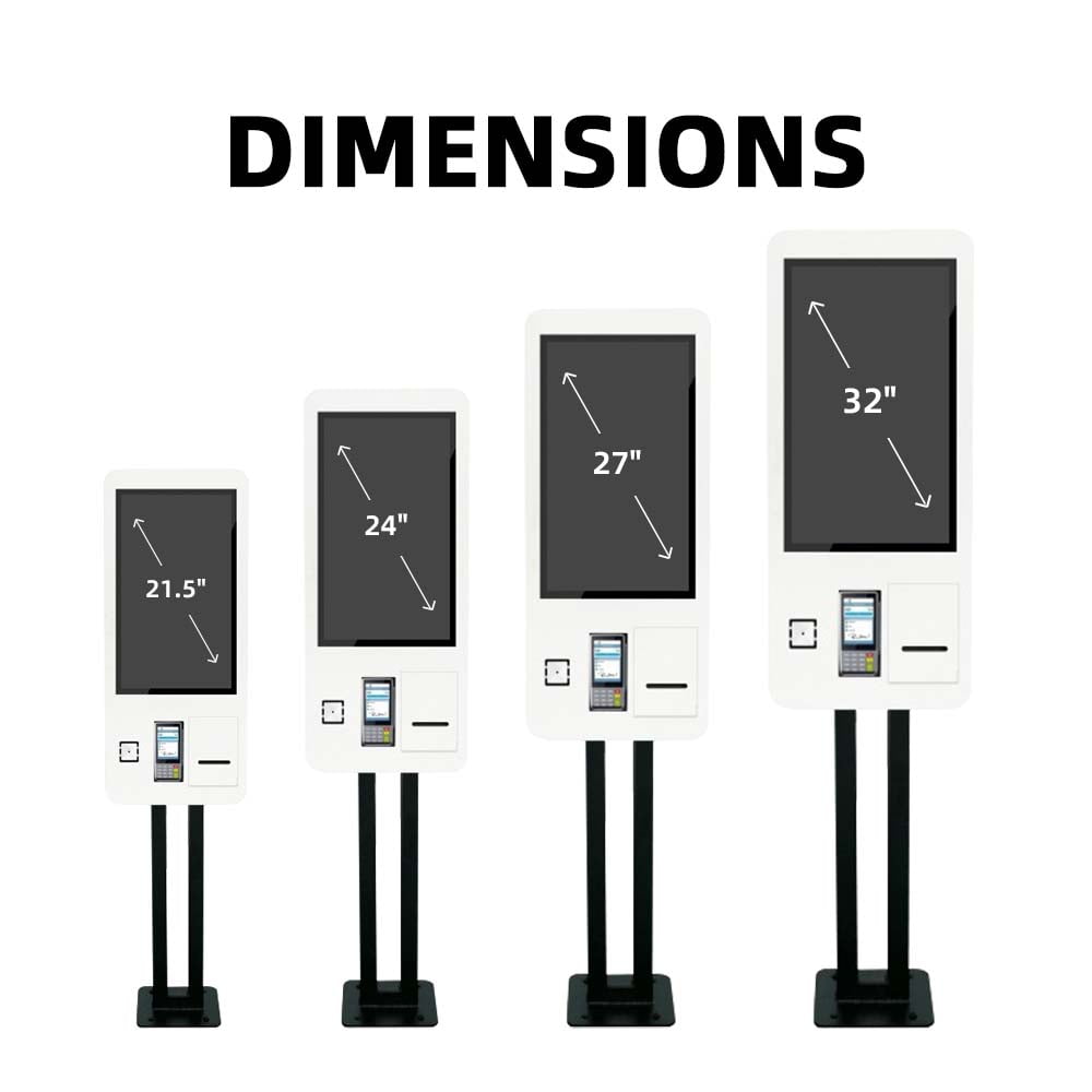 Self-service kiosk available dimensions showing 21.5, 24, 27, and 32 inch touchscreen display size options