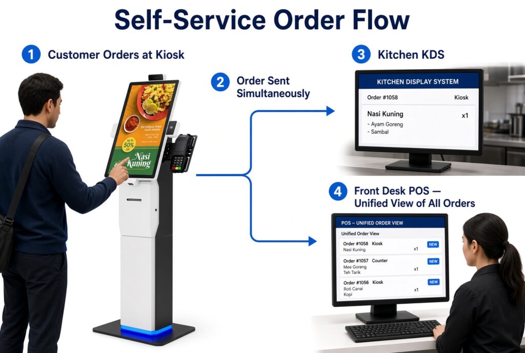 Self-service kiosk order flow diagram showing customer ordering at touchscreen kiosk, order sent simultaneously to kitchen display system (KDS) and front desk POS unified order view