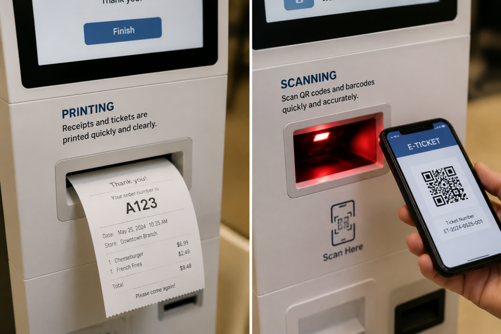 Self-service kiosk showing receipt printing function and QR code scanning interface with mobile phone demonstration