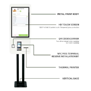 Self-service ordering kiosk technical specifications showing HD touchscreen, QR code scanner, NFC POS bracket， thermal printer, and vertical base