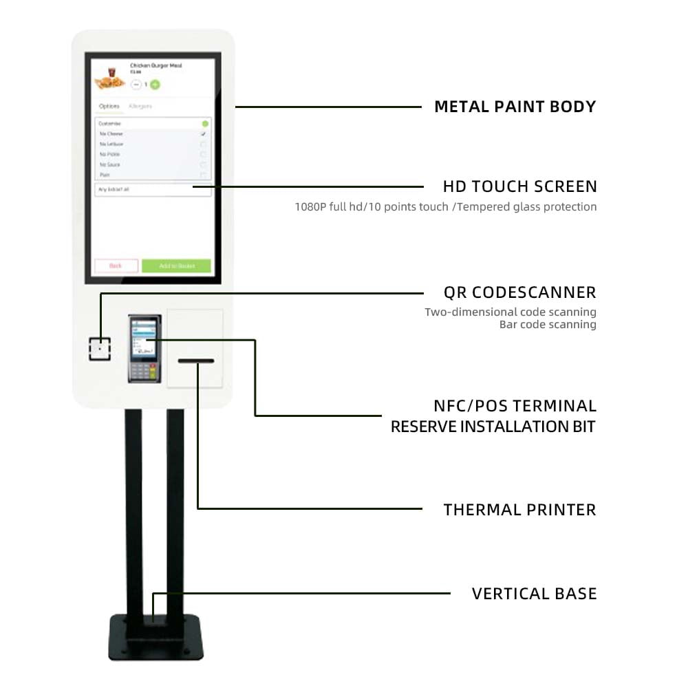 Self-service ordering kiosk technical specifications showing HD touchscreen, QR code scanner, NFC POS bracket， thermal printer, and vertical base