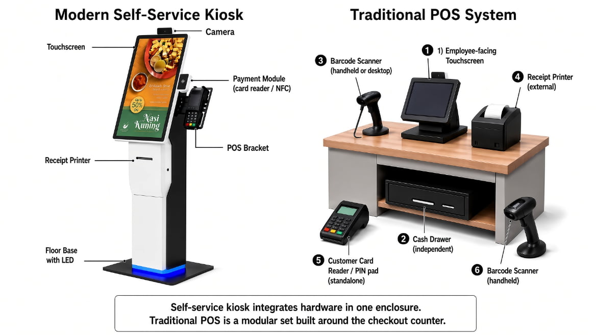 Comparison showing modern self-service kiosk with integrated touchscreen, camera, payment module and receipt printer versus traditional POS system with separate barcode scanner, cash drawer and card reader components