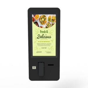 Self-service ordering kiosk with digital menu display, QR code scanner, and payment terminal for restaurant automation
