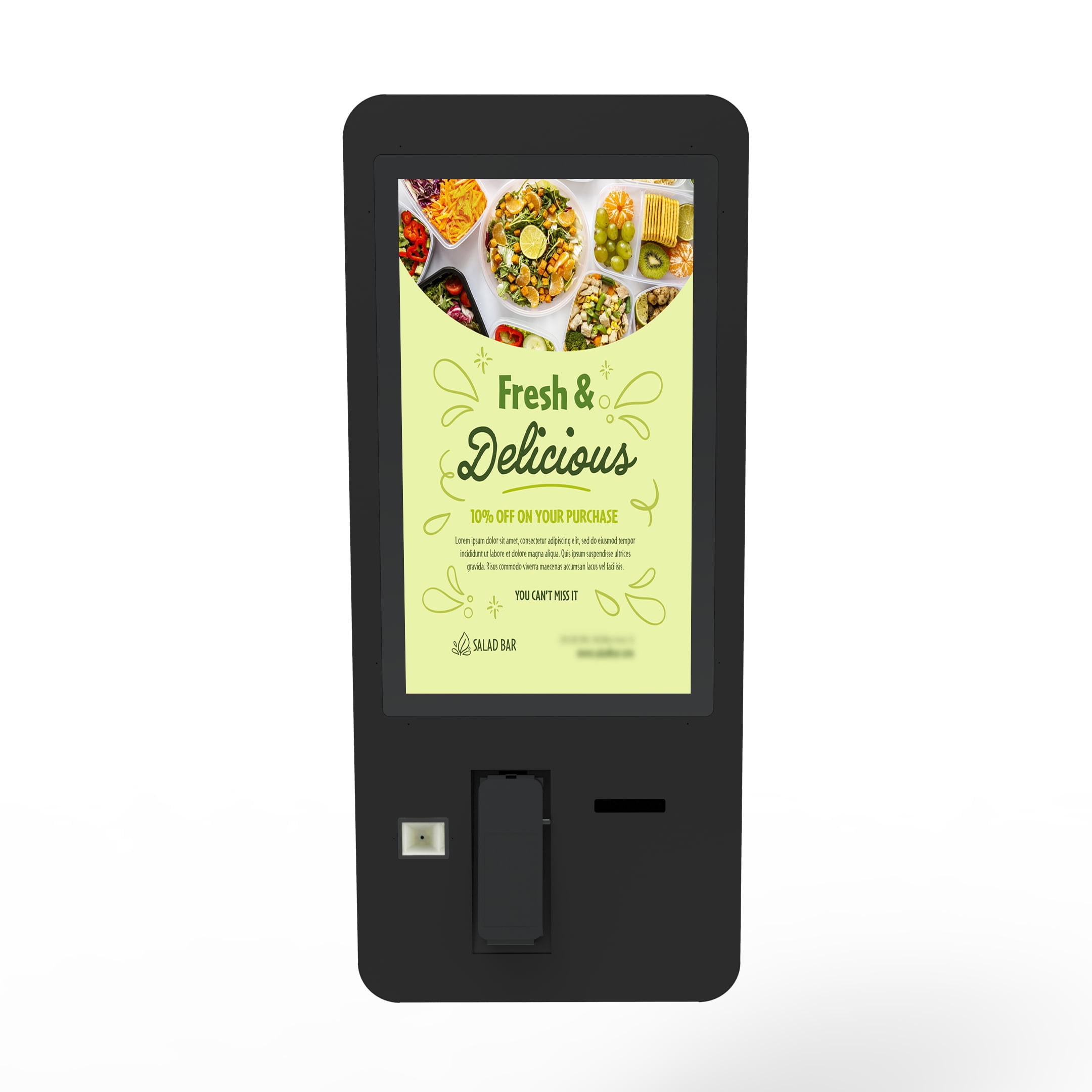 Self-service ordering kiosk with digital menu display, QR code scanner, and payment terminal for restaurant automation