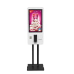 Self-service ordering kiosk with touchscreen digital menu display showing yogurt advertisement and integrated payment terminal for fast food restaurants