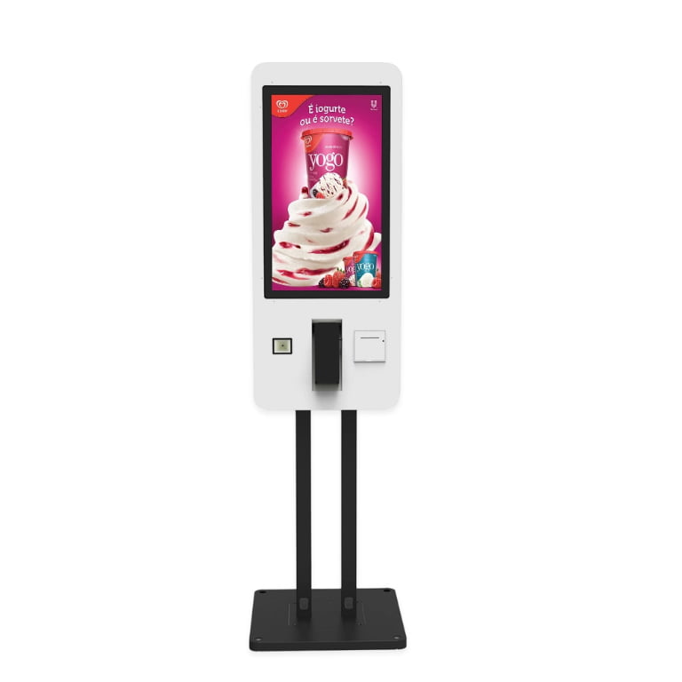 Self-service ordering kiosk with touchscreen digital menu display showing yogurt advertisement and integrated payment terminal for fast food restaurants