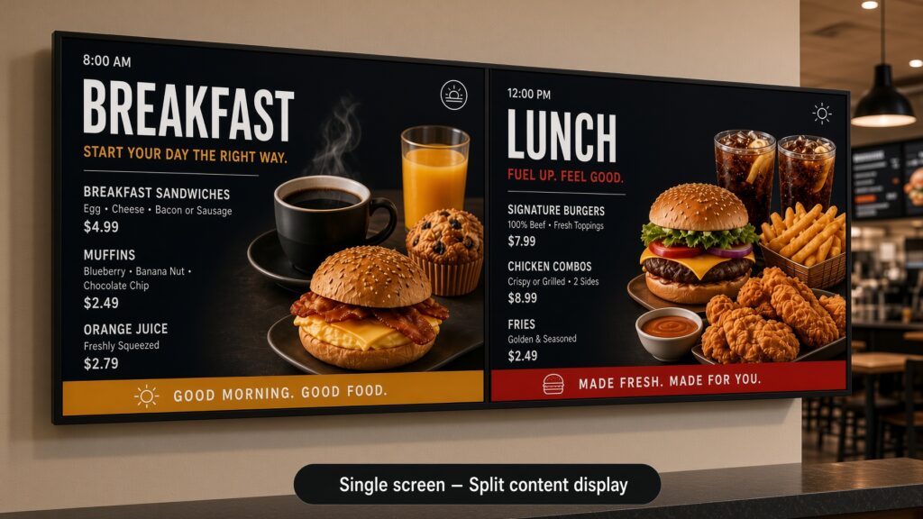 Single screen split content digital menu board displaying breakfast options on left and lunch menu on right with dayparting scheduling in modern quick service restaurant