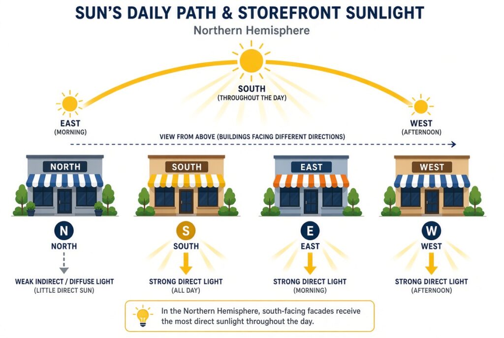 Infographic showing sun's daily path and how sunlight affects north, south, east, and west-facing storefront displays in Northern Hemisphere