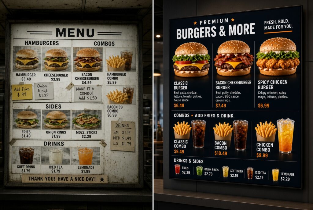 Side-by-side comparison of outdated static lightbox menu and modern digital menu board displaying vibrant burger images and dynamic pricing in quick service restaurant